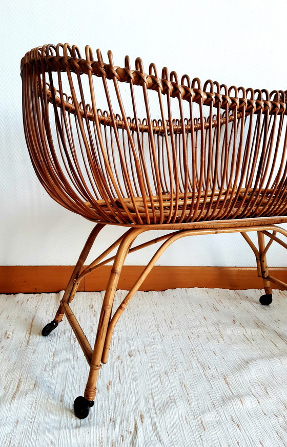 Image 1 of Vintage rattan Moses cradle circa 1960