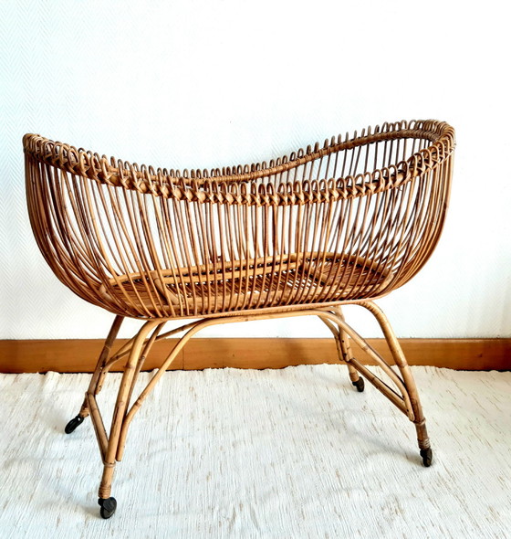 Image 1 of Vintage rattan Moses cradle circa 1960
