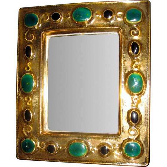 Image 1 of Vintage mirror in gold and green-black enamel by François Lembo, 1960