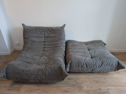 Togo Fireside Chair + Grey Alcantara Pouf