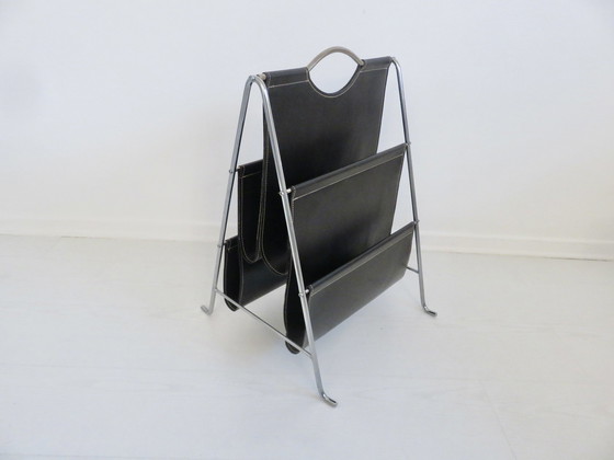 Image 1 of Porte Revue Style Bauhaus, Chromed Metal And Black Skaï