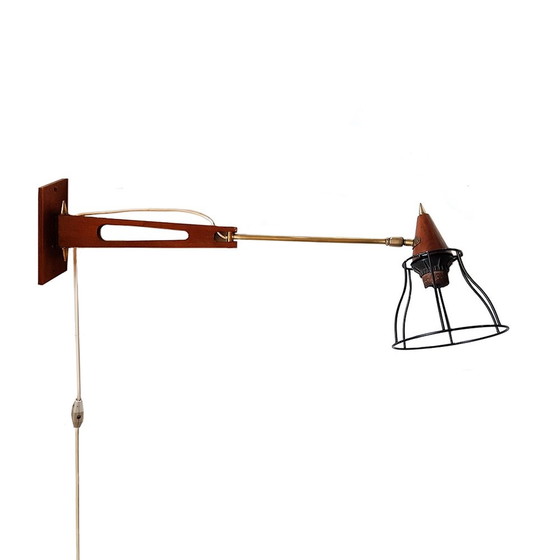 Image 1 of Mid-Century Teak & Brass Swing Arm Wall Lamp