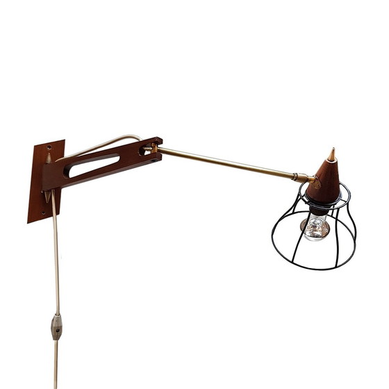 Image 1 of Mid-Century Teak & Brass Swing Arm Wall Lamp