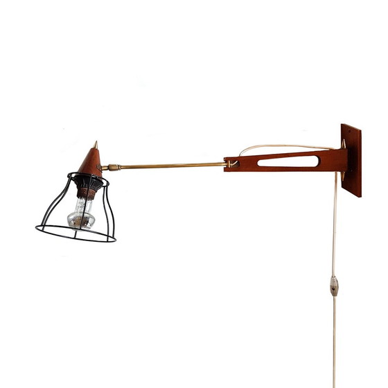 Image 1 of Mid-Century Teak & Brass Swing Arm Wall Lamp