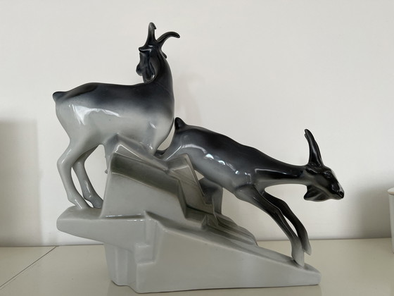 Image 1 of Chamois standing on a mountain sculpture porcelain