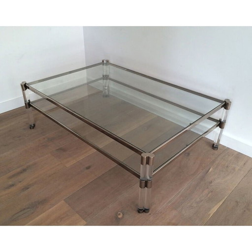 Vintage coffee table in plexiglass and chrome with double glass top, France 1970