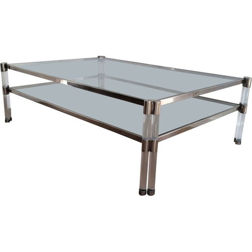 Vintage coffee table in plexiglass and chrome with double glass top, France 1970