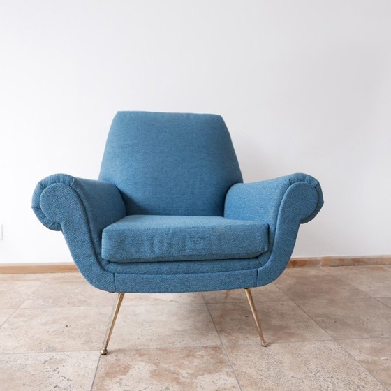 Image 1 of Pair of vintage armchairs in brass and blue fabric, Italy 1970