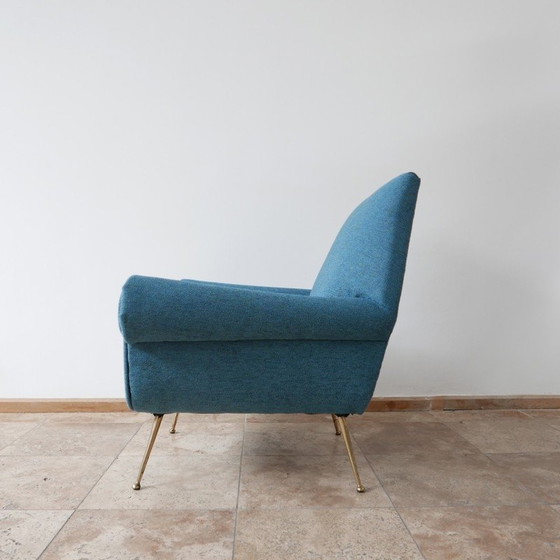 Image 1 of Pair of vintage armchairs in brass and blue fabric, Italy 1970