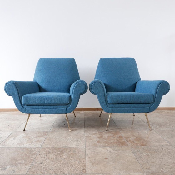 Image 1 of Pair of vintage armchairs in brass and blue fabric, Italy 1970