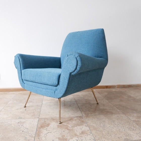 Image 1 of Pair of vintage armchairs in brass and blue fabric, Italy 1970