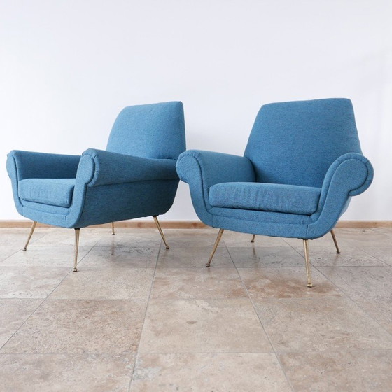 Image 1 of Pair of vintage armchairs in brass and blue fabric, Italy 1970