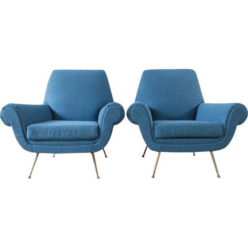 Pair of vintage armchairs in brass and blue fabric, Italy 1970