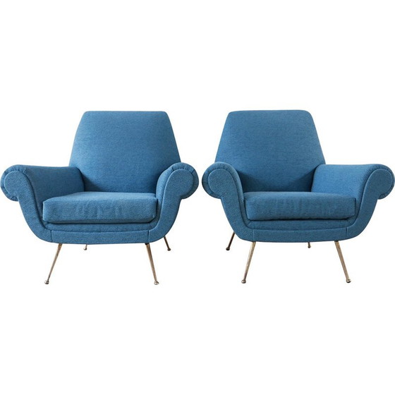Image 1 of Pair of vintage armchairs in brass and blue fabric, Italy 1970