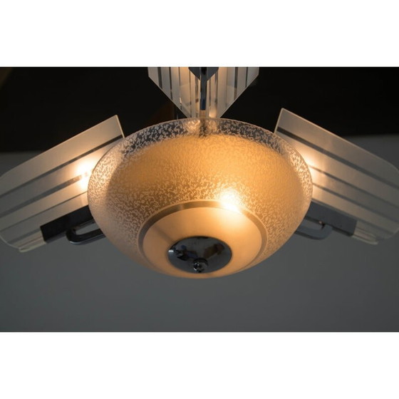 Image 1 of Vintage Art Deco sandblasted glass chandelier, Czechoslovakia 1930