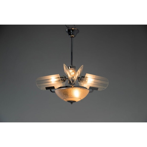 Image 1 of Vintage Art Deco sandblasted glass chandelier, Czechoslovakia 1930