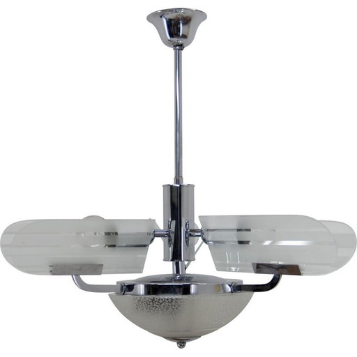 Vintage Art Deco sandblasted glass chandelier, Czechoslovakia 1930