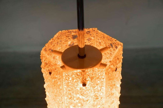 Image 1 of Hexagonal vintage pendant lamp glass and chrome 1960s