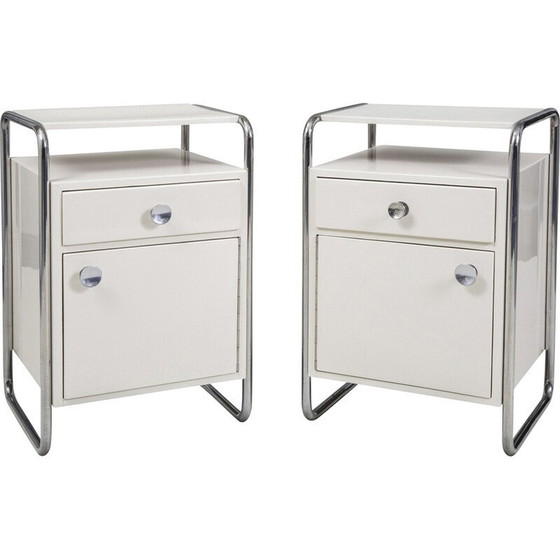 Image 1 of Pair of vintage Bauhaus bedside tables in chrome steel and lacquered wood for Sab, Czechoslovakia 1930