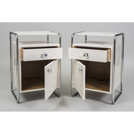 Image 1 of Pair of vintage Bauhaus bedside tables in chrome steel and lacquered wood for Sab, Czechoslovakia 1930