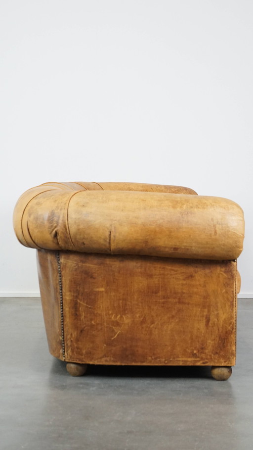 Vintage Sheep Leather 3 Seater Sofa With Spherical Legs