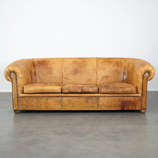 Vintage Sheep Leather 3 Seater Sofa With Spherical Legs
