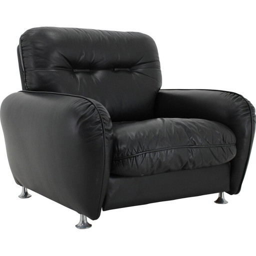 Vintage black leather armchair, Italy 1970