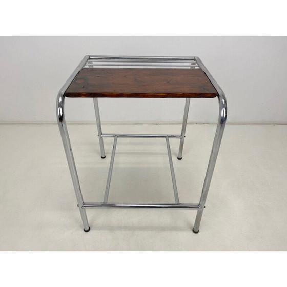 Image 1 of Functionalist vintage chrome & wood side table, 1950s