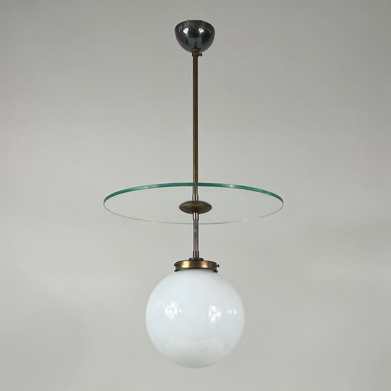 Image 1 of Art Deco Bauhaus Glass & Brass Pendant, Germany 1920s to 1930s