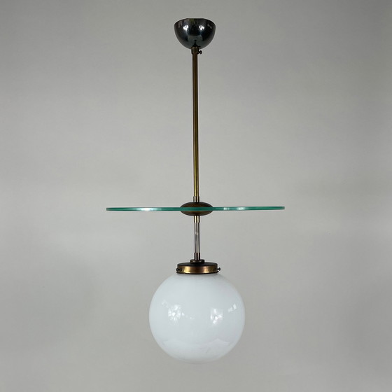 Image 1 of Art Deco Bauhaus Glass & Brass Pendant, Germany 1920s to 1930s