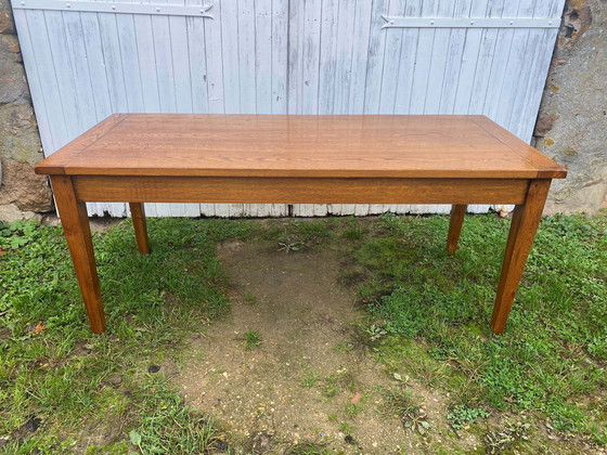 Image 1 of Solid Oak Farmhouse Dining Table With 1 Extendable Leaf