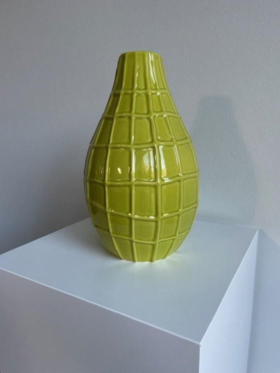 Image 1 of Set Of 1 Vase And 1 Bowl In Lime Green With Nerf Pattern