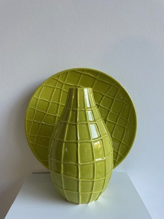 Image 1 of Set Of 1 Vase And 1 Bowl In Lime Green With Nerf Pattern