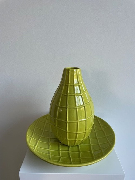 Image 1 of Set Of 1 Vase And 1 Bowl In Lime Green With Nerf Pattern