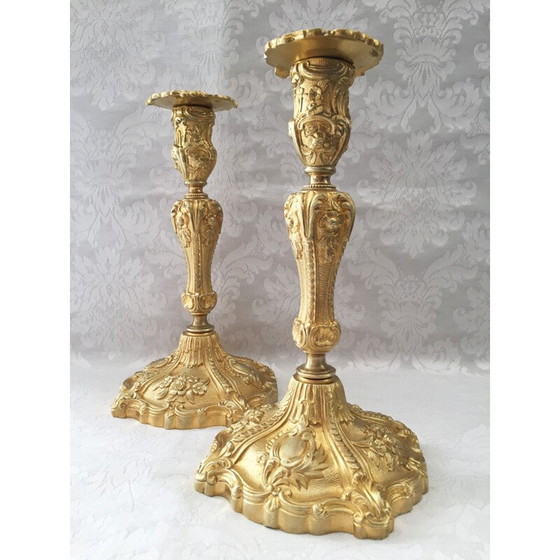 Image 1 of Pair of vintage gilt bronze candlesticks by Juste-Aurèle Meissonnier and Sébastien Antoine Slodtz