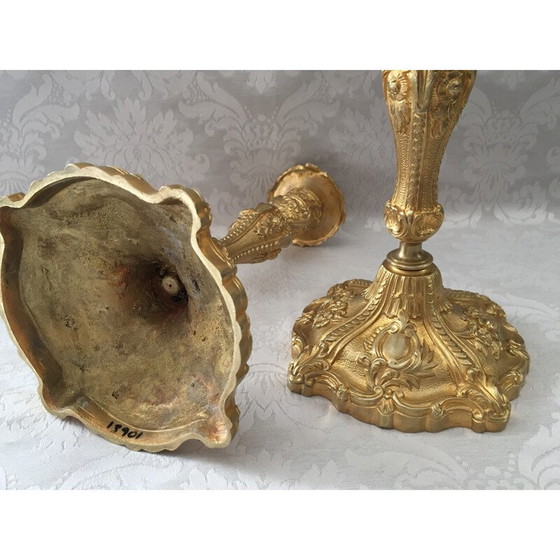Image 1 of Pair of vintage gilt bronze candlesticks by Juste-Aurèle Meissonnier and Sébastien Antoine Slodtz