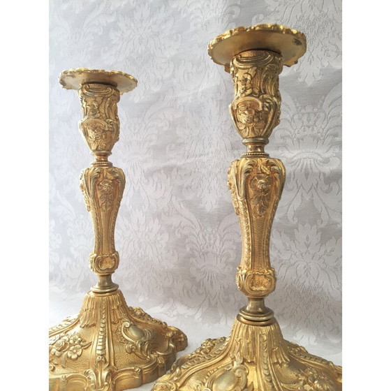 Image 1 of Pair of vintage gilt bronze candlesticks by Juste-Aurèle Meissonnier and Sébastien Antoine Slodtz