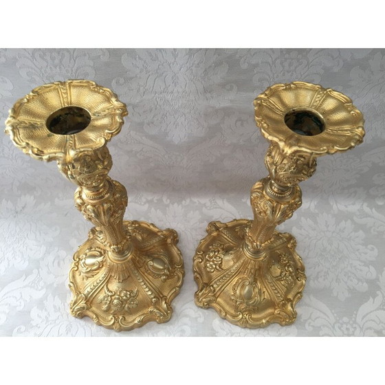 Image 1 of Pair of vintage gilt bronze candlesticks by Juste-Aurèle Meissonnier and Sébastien Antoine Slodtz