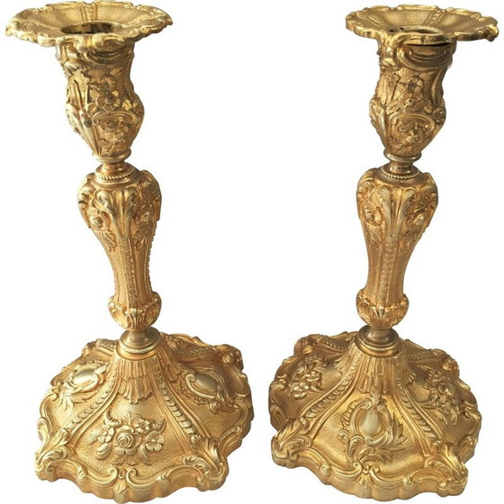 Image 1 of Pair of vintage gilt bronze candlesticks by Juste-Aurèle Meissonnier and Sébastien Antoine Slodtz
