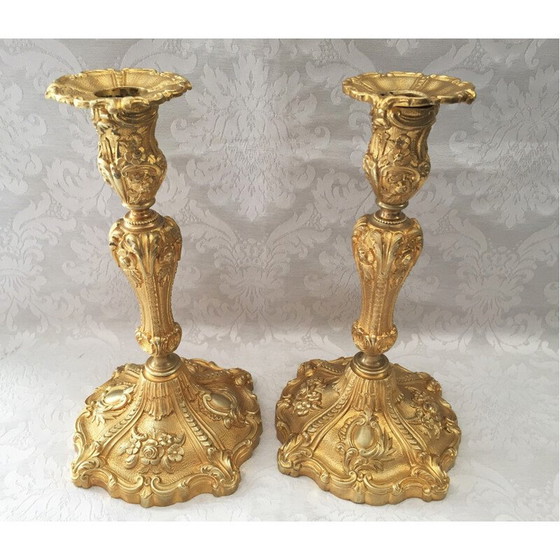 Image 1 of Pair of vintage gilt bronze candlesticks by Juste-Aurèle Meissonnier and Sébastien Antoine Slodtz