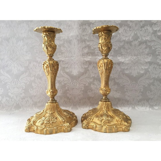 Image 1 of Pair of vintage gilt bronze candlesticks by Juste-Aurèle Meissonnier and Sébastien Antoine Slodtz