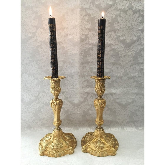 Image 1 of Pair of vintage gilt bronze candlesticks by Juste-Aurèle Meissonnier and Sébastien Antoine Slodtz