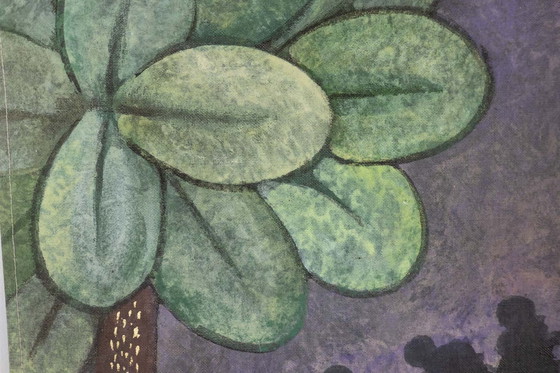 Image 1 of Tela dipinta raffigurante uccelli in un ambiente rurale.