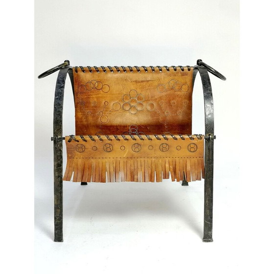 Image 1 of Portariviste vintage in pelle di mucca e ferro battuto fatto a mano, 1970