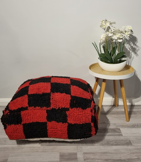 Image 1 of Moroccan Checkered Pouf, Seat Cushion Red/Black