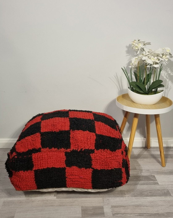 Image 1 of Moroccan Checkered Pouf, Seat Cushion Red/Black