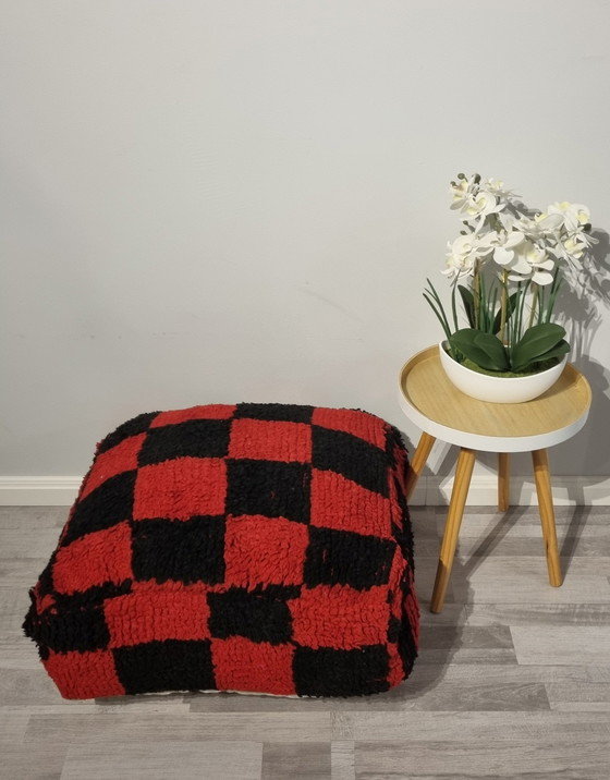 Image 1 of Moroccan Checkered Pouf, Seat Cushion Red/Black