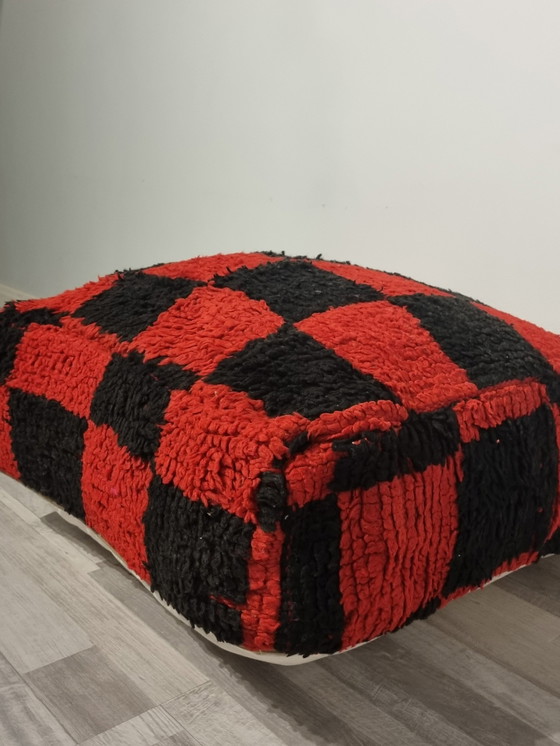 Image 1 of Moroccan Checkered Pouf, Seat Cushion Red/Black