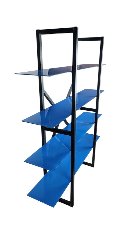 Post Modern Wall Rack Black Wood With Blue Glass 1990S