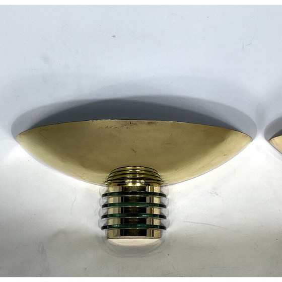 Image 1 of Pair of vintage gilt metal and glass Art deco wall lamps for Sce, France 1970s